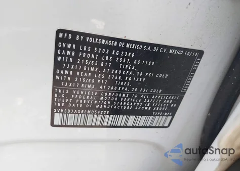 2020 Volkswagen Tiguan 2.0T Se/2.0T Se R-Line Black/2.0T Sel из США, поврежденный, VIN 3VV3B7AX6LM054238